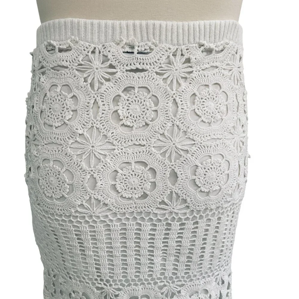 Boho Crochet Midi Skirt‎ White Floral Knit Lined 111 State XL Cottagecore - Picture 10 of 11